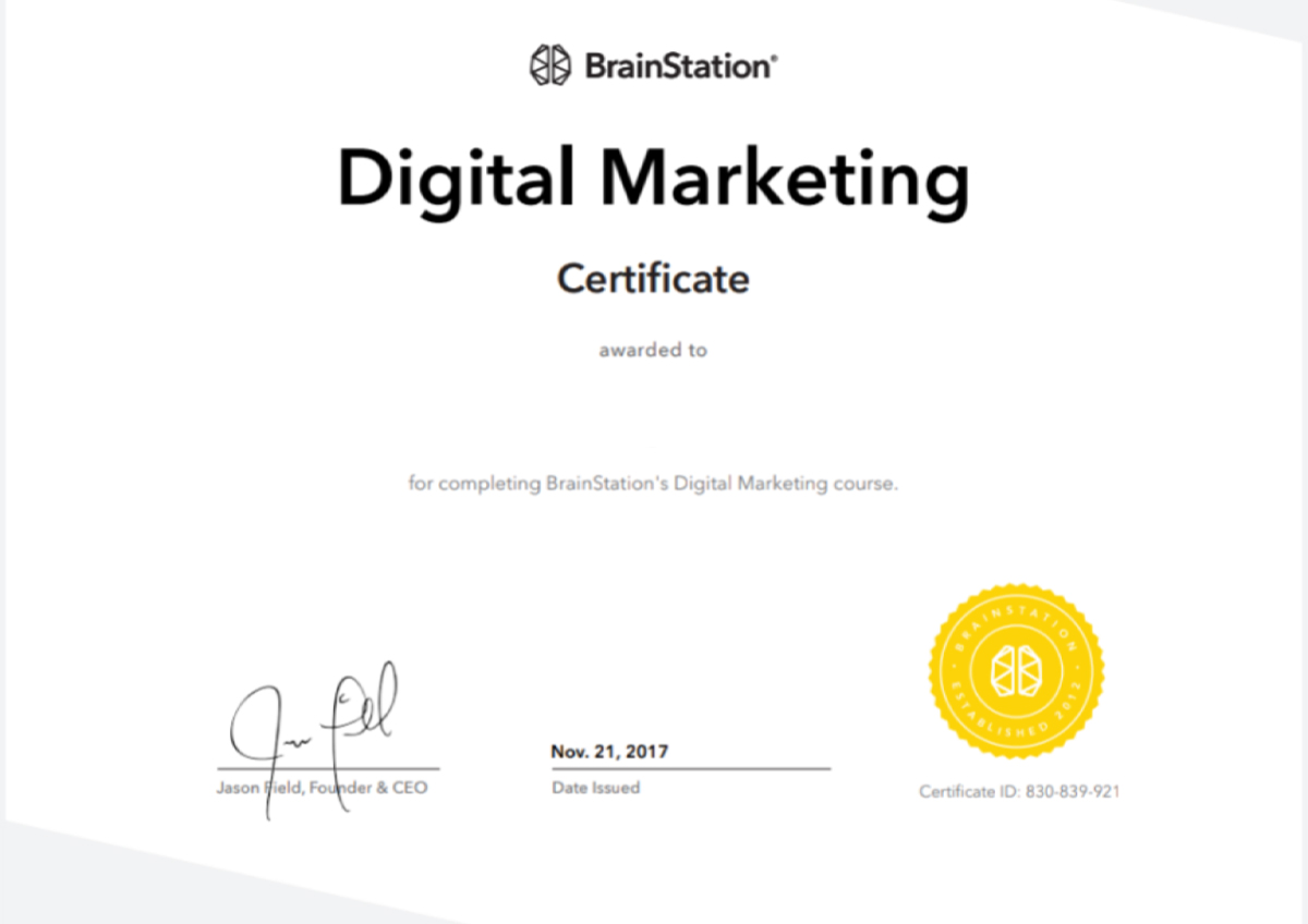 Chứng chỉ Digital Marketing của BrainStation