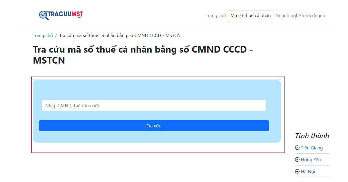 Tra cứu mã số thuế bằng CMND/ CCCD trên trang TracuuMST